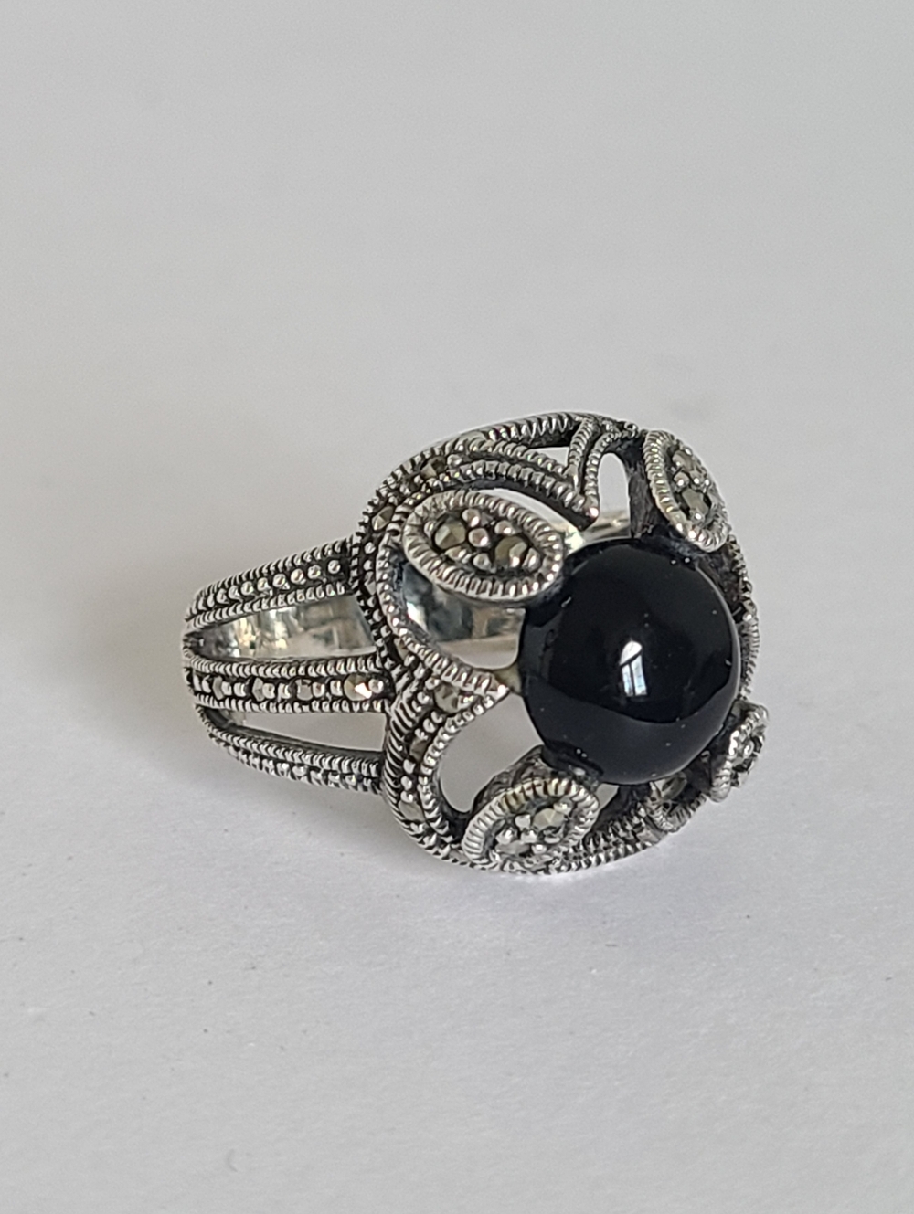 Vintage Boho Sterling Silver Black Onyx Floating Cabochon Marcasite Crystal Ring - Picture 4 of 14